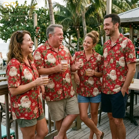 Four adults smile together on a deck in matching red Santa-print shirts, with palm trees behind them.