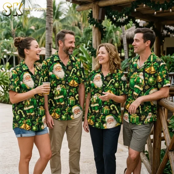Four adults stand together outdoors in matching black Hawaiian shirts patterned with green Santas and gold Christmas accents.