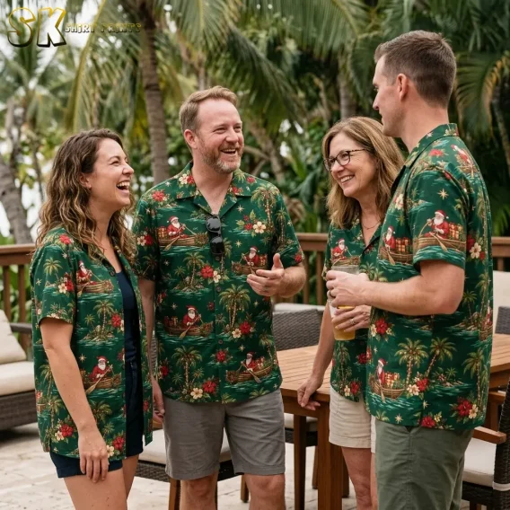 Four adults socialize on a palm-lined patio wearing matching green Christmas themed Hawaiian shirts with Santa boat prints.
