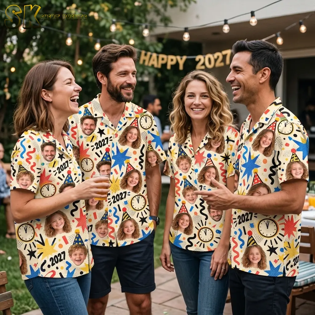 Four adults wear matching New Year's shirts with portrait prints and clocks beneath outdoor string lights and a Happy 2027 banner.