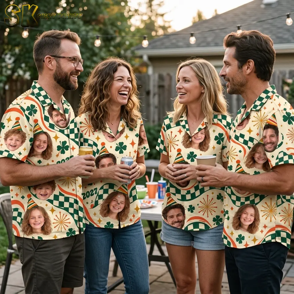 Four adults in matching family shirts laugh and hold drinks on a patio beneath string lights.