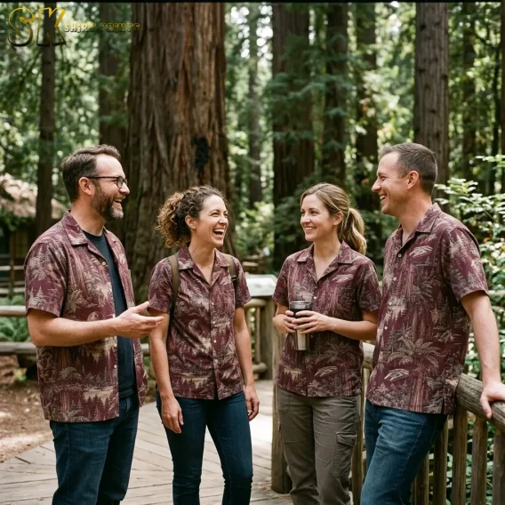 Four adults smile together on a wooden walkway wearing matching maroon shirts with beige forest and sci-fi prints.