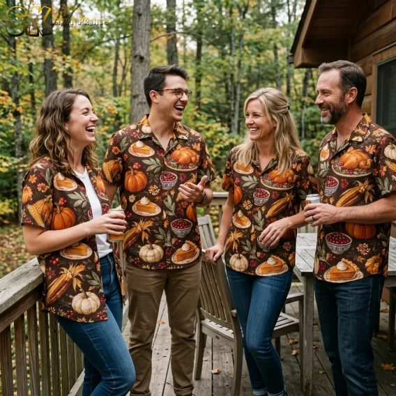 Four adults laugh together on a wooded deck wearing matching brown shirts patterned with Thanksgiving foods and pumpkins.