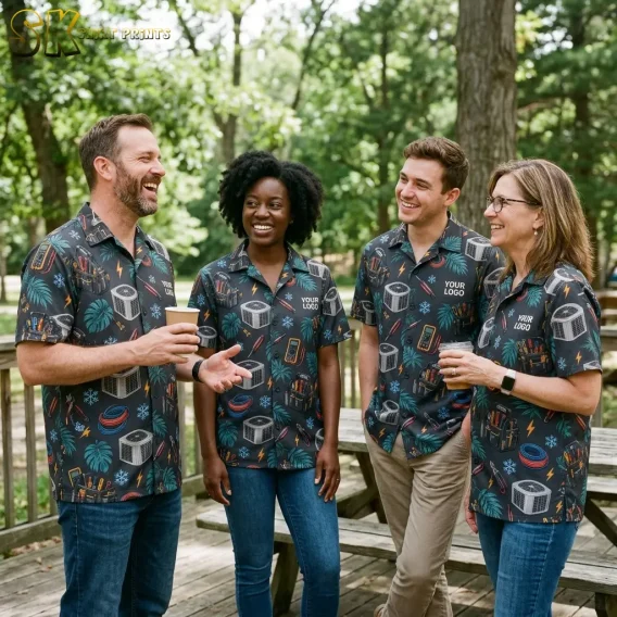 Four coworkers laugh together on a wooden deck in a wooded park, each wearing the same dark charcoal custom logo Hawaiian shirt with HVAC and electrical tool motifs and individual 'YOUR LOGO' chest placements.