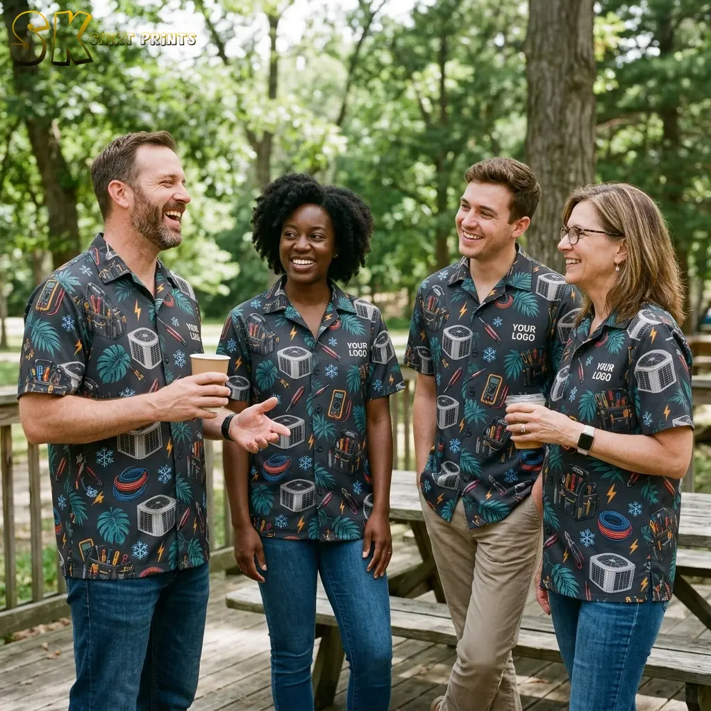 Four coworkers laugh together on a wooden deck in a wooded park, each wearing the same dark charcoal custom logo Hawaiian shirt with HVAC and electrical tool motifs and individual 'YOUR LOGO' chest placements.