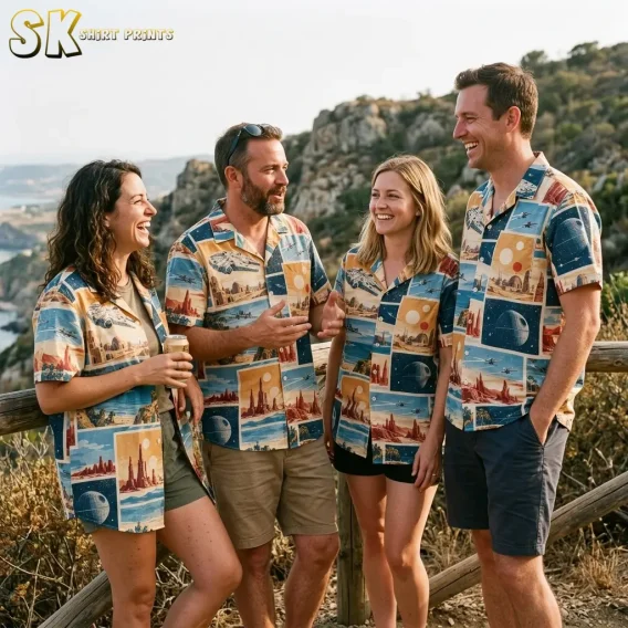 Two men and two women laugh together at a rocky coastal overlook, all four wearing the same retro sci-fi panel shirt in slightly different fits, with desert landscapes and space stations visible across each shirt.