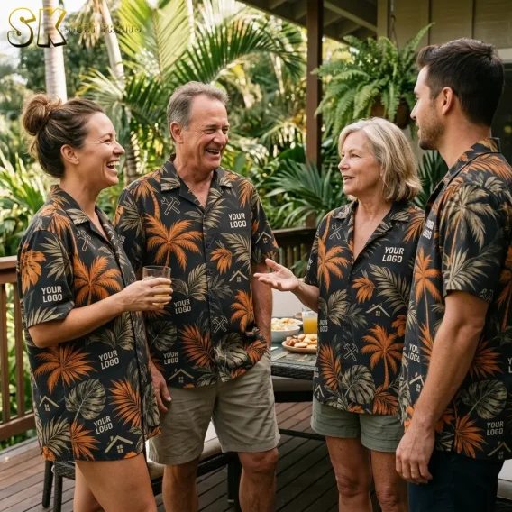 Four adults laughing and talking on a wooden deck, each wearing the same black tropical shirt with orange palm fronds and 'YOUR LOGO' printed in white across the front and sleeves.