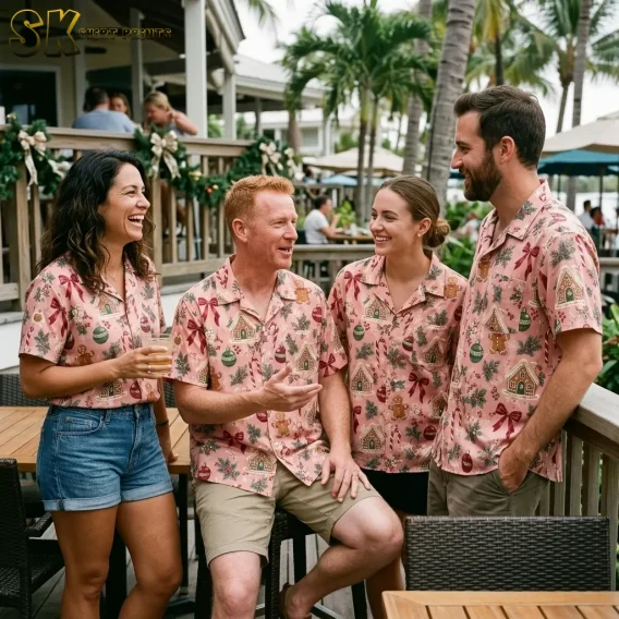 Four friends laughing together on an outdoor deck, all wearing the same pink gingerbread-print shirt styled with denim shorts and khaki shorts.