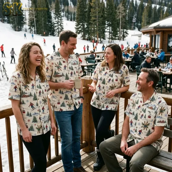 Four friends laugh together on a snowy ski resort terrace, all wearing the same cream christmas hawaiian shirts for men and women, with active skiers visible on the slope behind them.