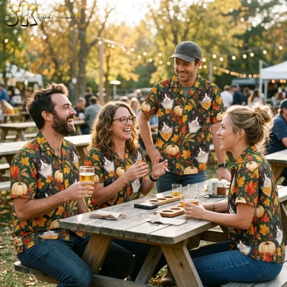 Four adults in matching green cat-and-pumpkin shirts gather around an outdoor picnic table beneath string lights.