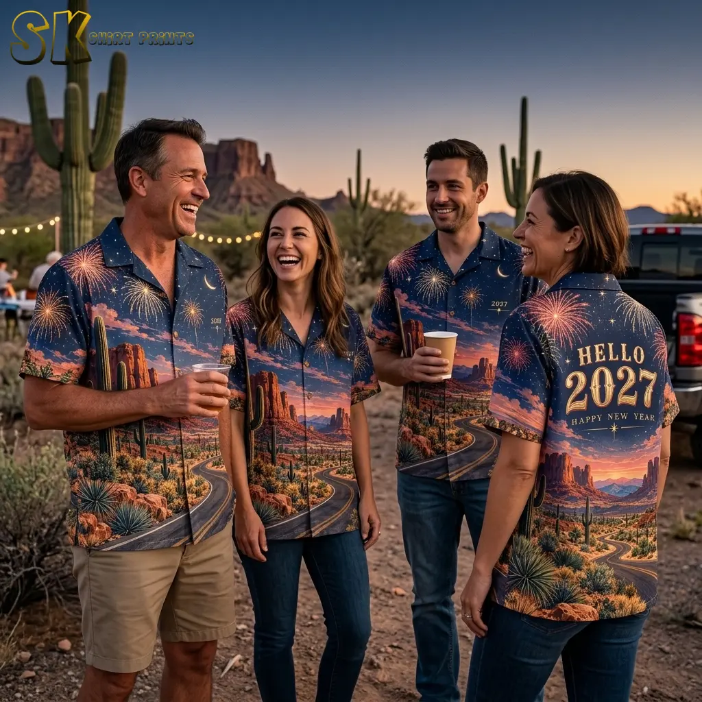 Four adults gather outdoors in matching desert New Year shirts, with three fronts and one back visible beneath string lights.