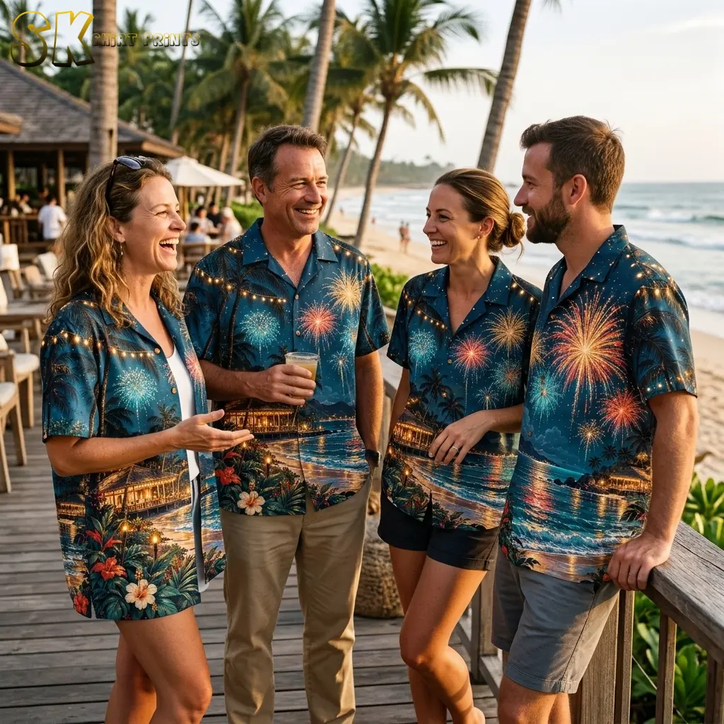 Four adults chat beside the beach wearing matching blue shirts printed with fireworks and tropical shoreline scenes.