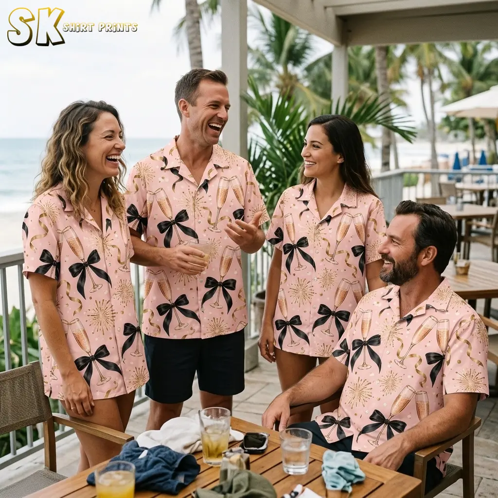 Four adults wear matching pink shirts with champagne flutes and black bows while gathered around a seaside patio table.