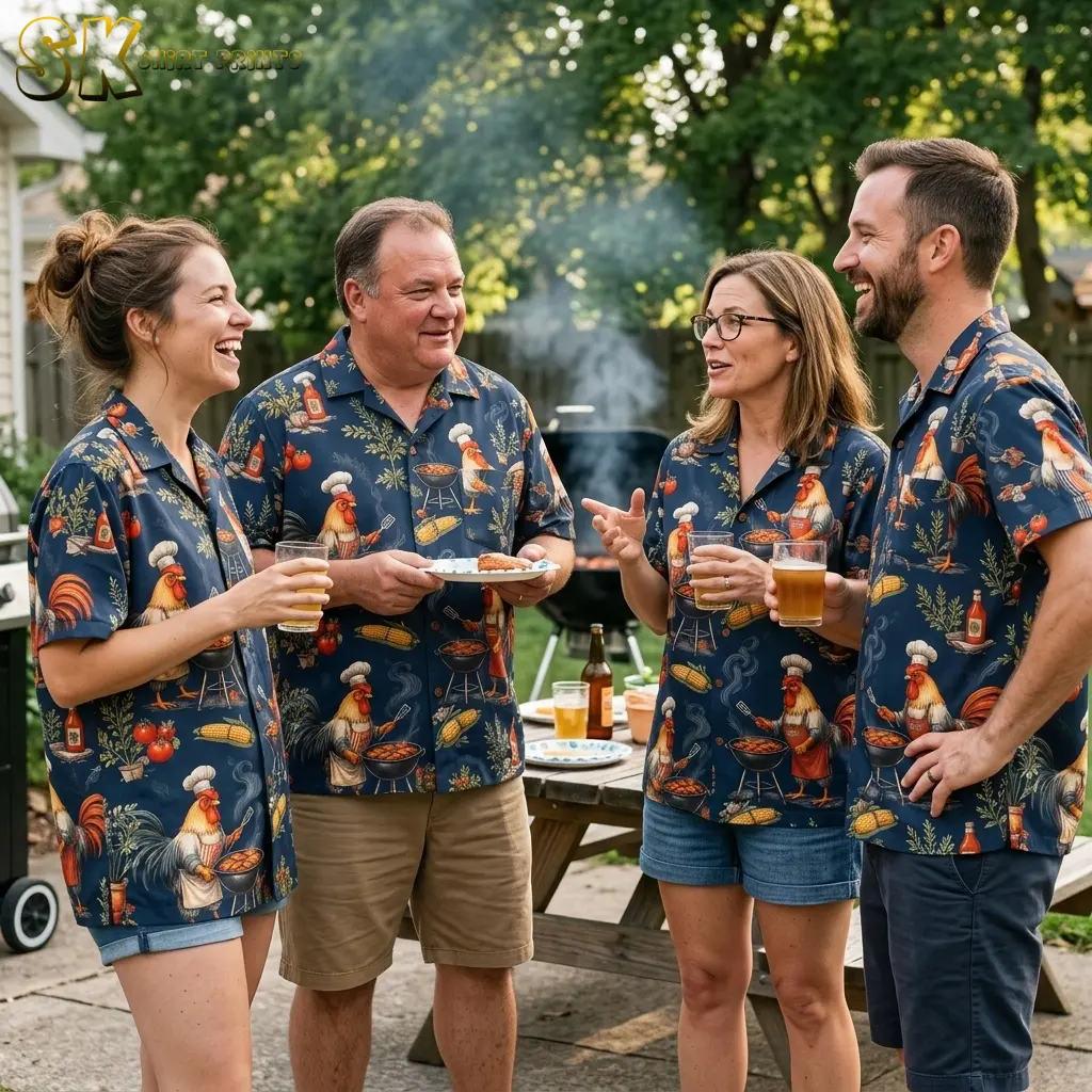Four adults wear matching navy rooster-print shirts while holding drinks and a plate of food near a smoking backyard grill.