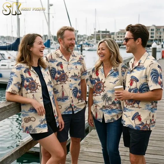 Four adults gather on a marina dock wearing matching cream rooster Hawaiian shirts with nautical illustrations.