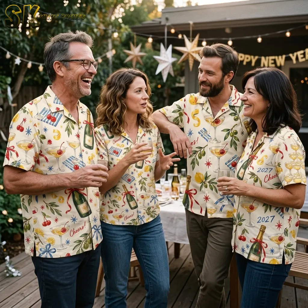 Four adults chat outdoors in matching champagne-print shirts beneath string lights and hanging star decorations.