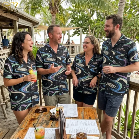 Four adults wear matching black Star Wars aloha shirts with pastel swirls while chatting around an outdoor table beneath palm trees.