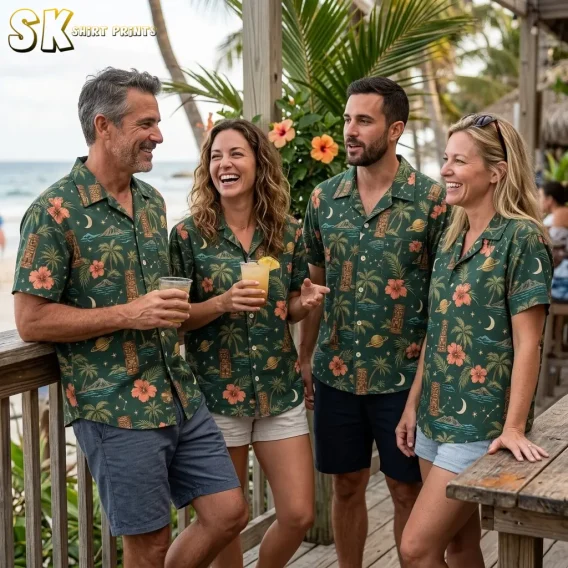 Two men and two women wearing the same dark green tiki-and-palm-tree shirt laugh together on a wooden deck overlooking the ocean, two of them holding tropical drinks.