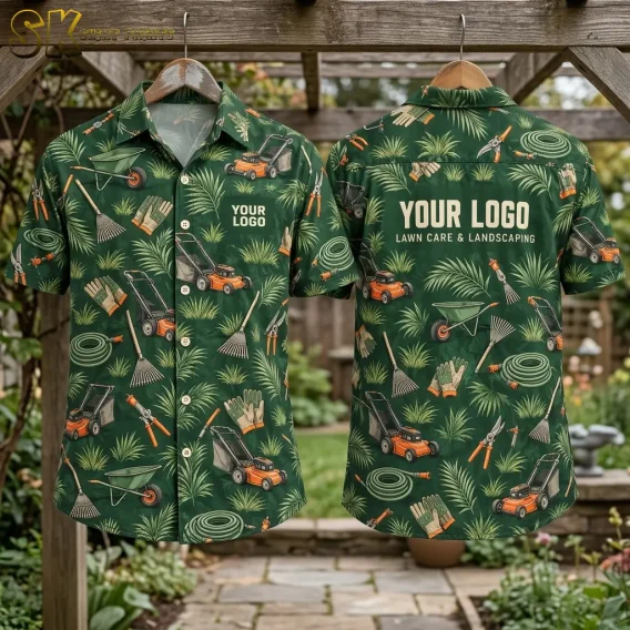 Front and back of a dark green custom logo Hawaiian shirt hanging on wooden hangers under a pergola in a garden, with the back showing a large logo and lawn care and landscaping text placeholder.