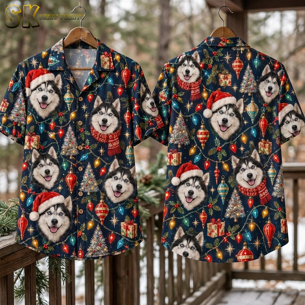 Front and back of the navy husky Christmas shirt hang side by side on wooden hangers against a snowy outdoor backdrop, with pine branches in the foreground framing the all-over holiday pattern.