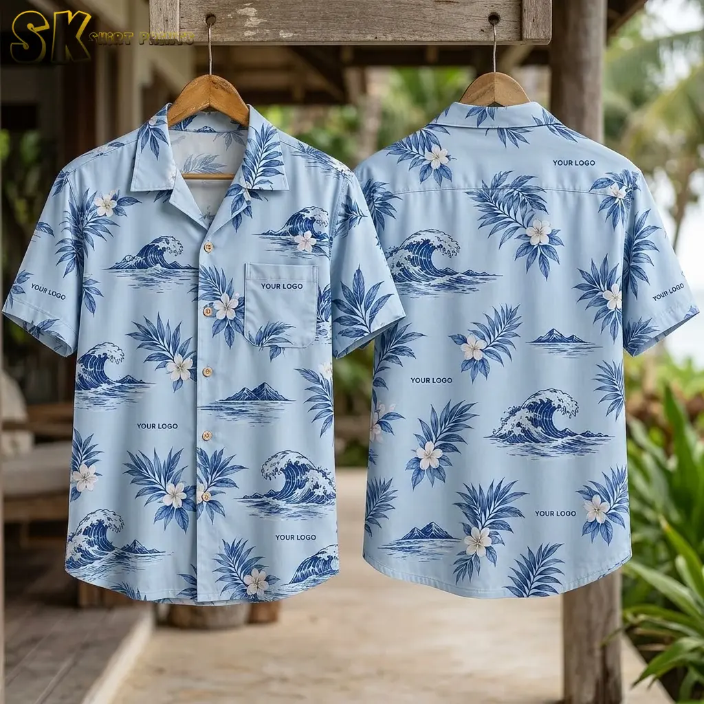 The light blue company Hawaiian shirt hangs on wooden hangers showing both the front and back simultaneously, with blue ocean waves, palm clusters, white flowers, and multiple "YOUR LOGO" placements visible on each side.