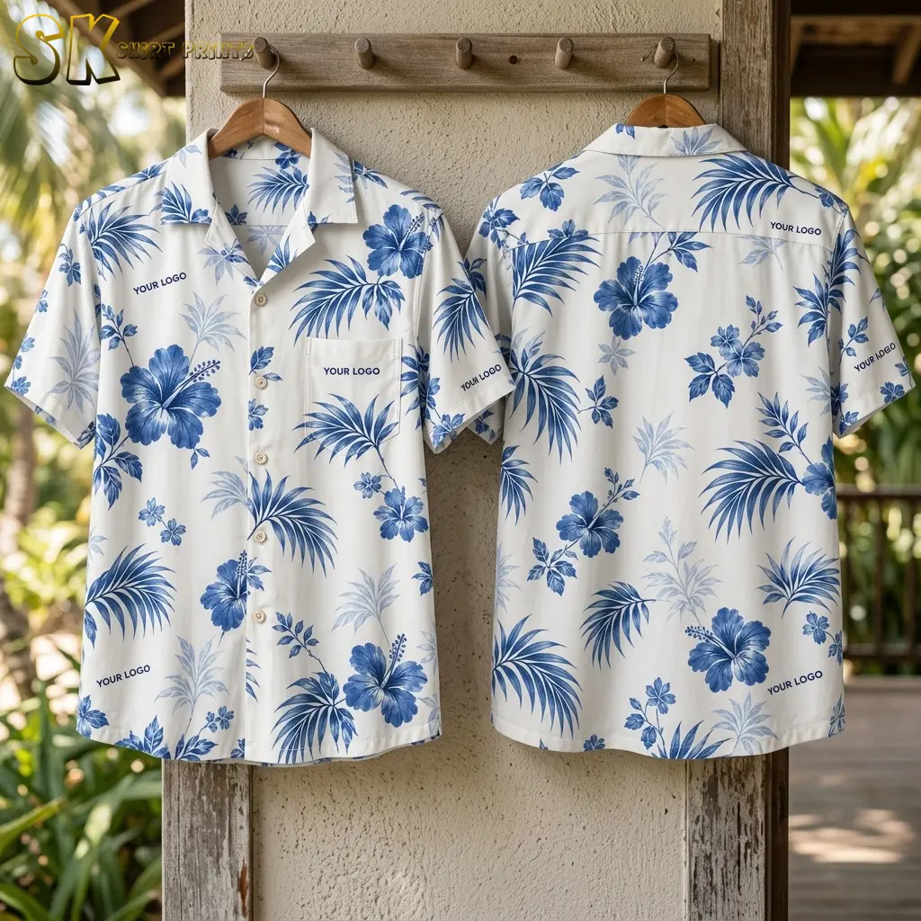 The front and back of the white Hawaiian shirt with logo placements hang side by side on wooden hangers against a textured wall, with tropical foliage softly blurred behind them.