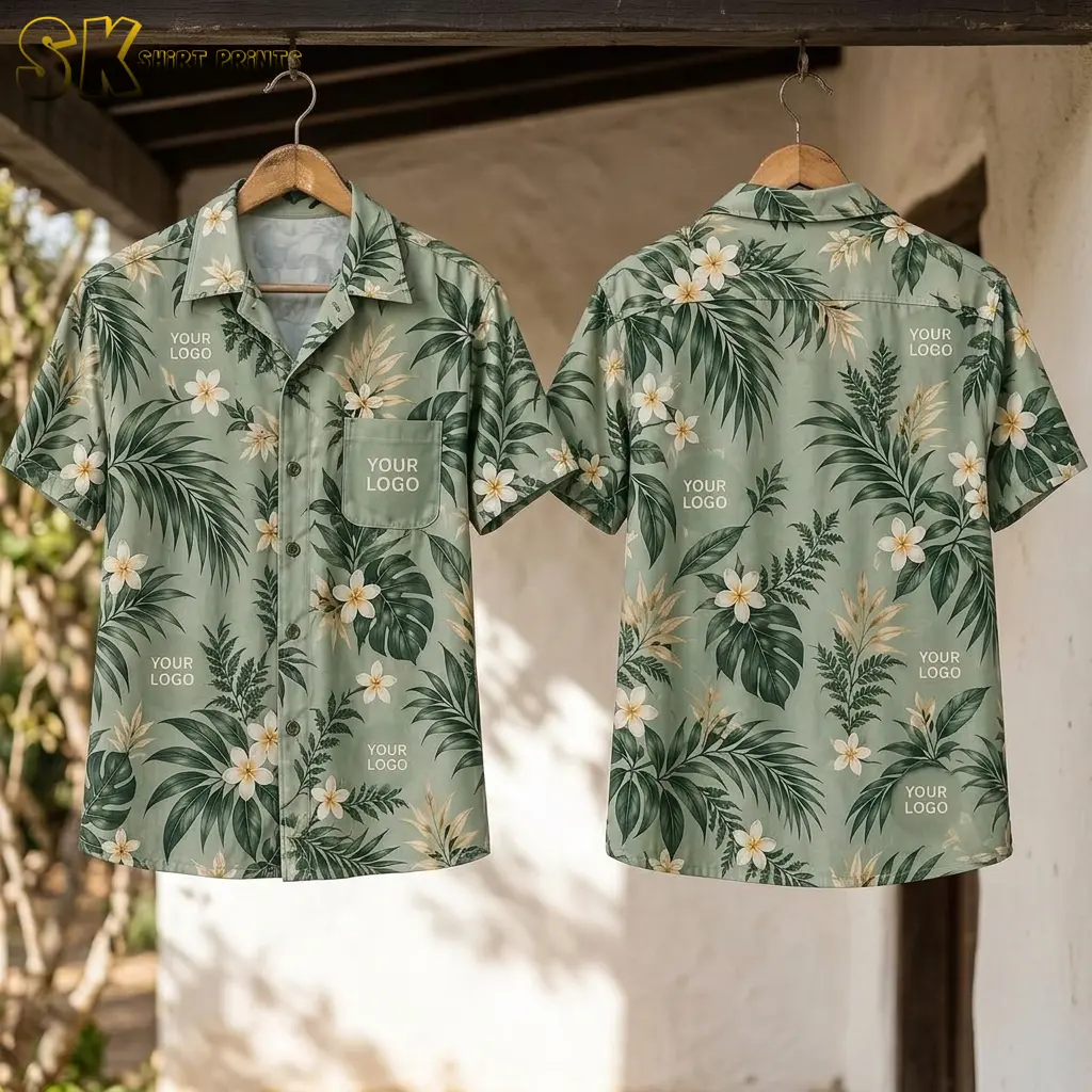 Two shirts on wooden hangers displayed side by side outdoors — one showing the front with a chest pocket and logo placeholders, the other showing the back with the same all-over sage green tropical print and additional logo placement spots.