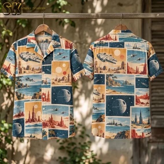 The front and back of the sci-fi panel shirt hang side by side on wooden hangers in dappled outdoor shade, revealing the full repeat of Tatooine-style domes, twin suns, and starship panels across both sides.