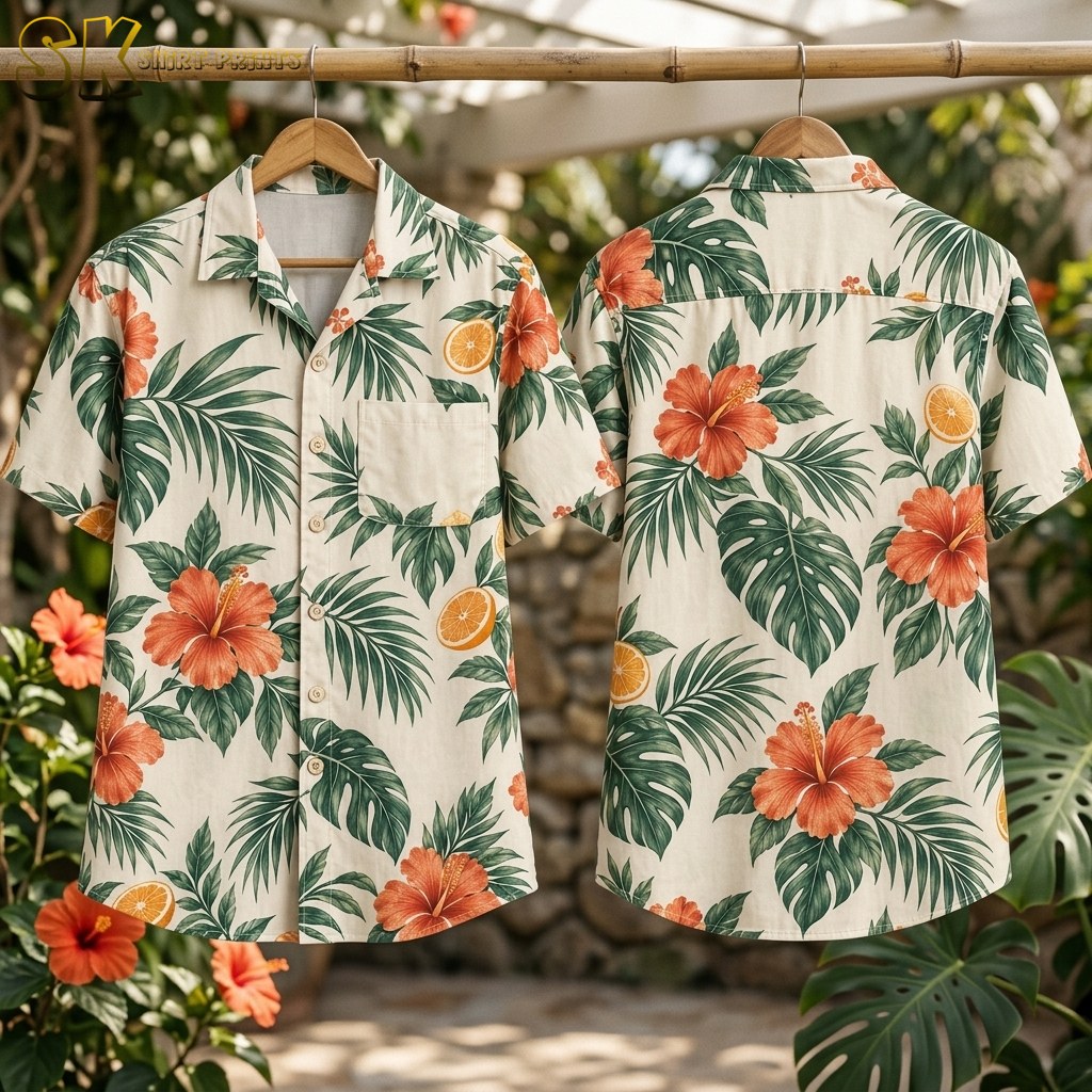 Two shirts hang from a bamboo rod in an outdoor garden setting, displaying the front and back of the cream Hawaiian shirt with its hibiscus blooms, mixed tropical leaves, and orange slice print visible on both panels.