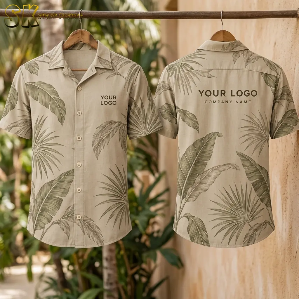 Two shirts hung side by side on wooden hangers against a textured outdoor wall, showing the full front with a chest logo and the full back with a large 'YOUR LOGO / COMPANY NAME' print above the tropical leaf design.