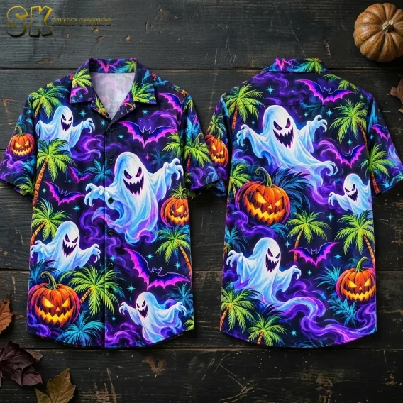 A Halloween Hawaiian shirt is laid flat front and back on dark wood, displaying white ghosts, orange jack-o'-lanterns, and bright palm trees.