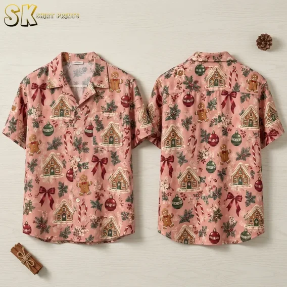 Front and back of a christmas hawaiian shirt laid flat, showing an all-over pink pattern of gingerbread houses, gingerbread men, candy canes, red bows, and pine sprigs.