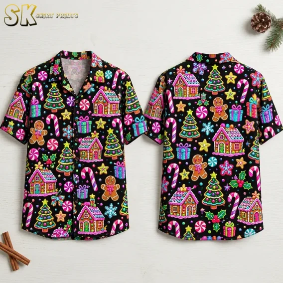 Front and back of a black Christmas themed Hawaiian shirt with colorful gingerbread houses, Christmas trees, and candy canes on a white surface.