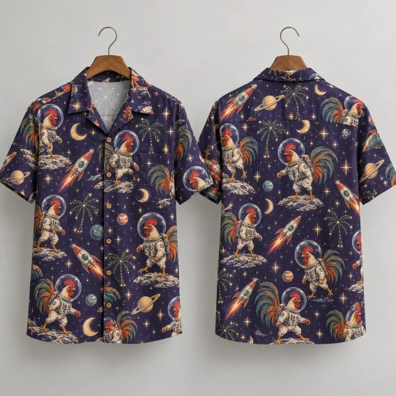 Astronaut Rooster Hawaiian Shirt with Rockets