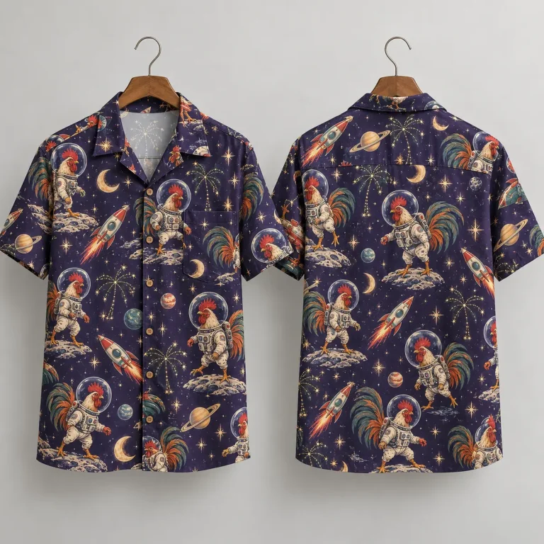 Astronaut Rooster Hawaiian Shirt with Rockets