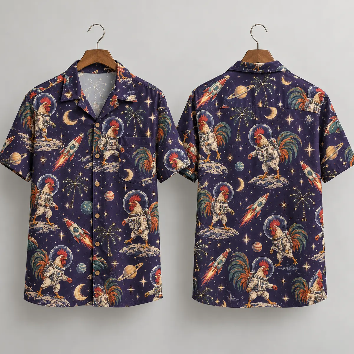 Astronaut Rooster Hawaiian Shirt with Rockets