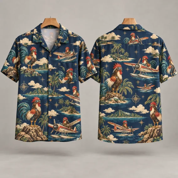 Aviator Rooster Hawaiian Shirt – Navy Seaplane Motifs