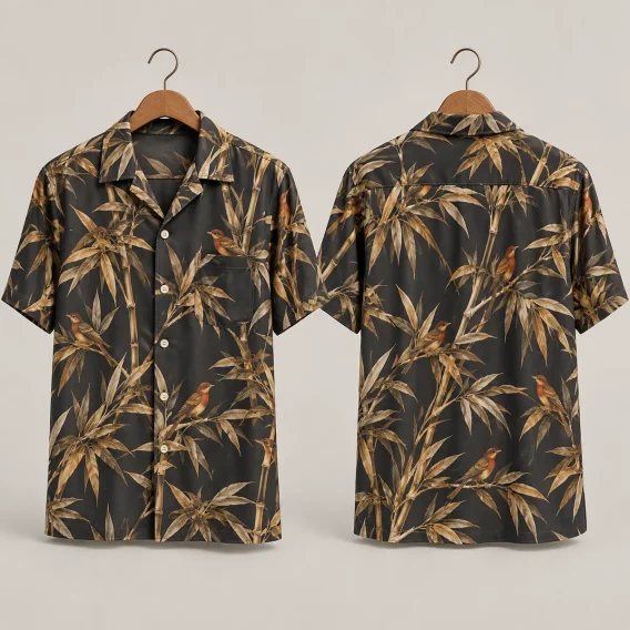 Bamboo Rooster Hawaiian Shirt – Charcoal Bird Print