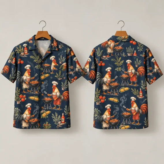 BBQ Rooster Hawaiian Shirt in Navy with Chef Illustrations