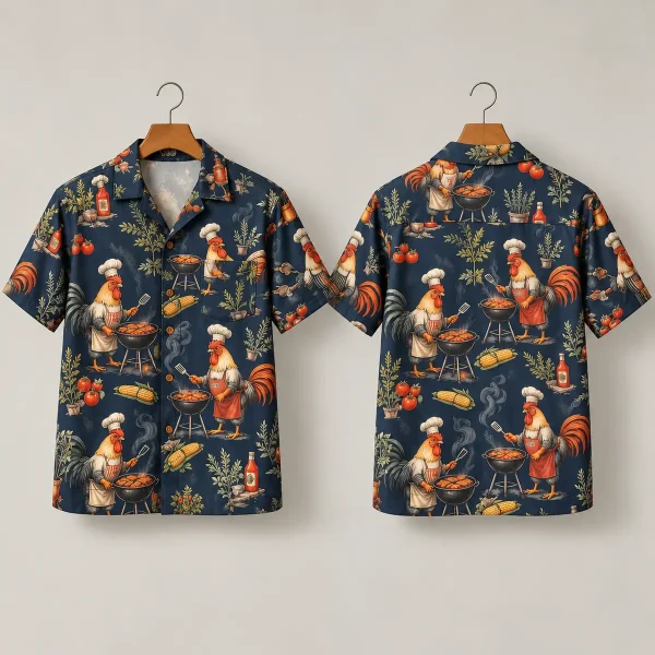 BBQ Rooster Hawaiian Shirt in Navy with Chef Illustrations