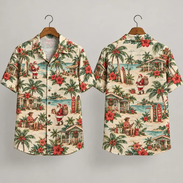 Beach Santa Aloha Shirt with Hibiscus & Holiday Huts