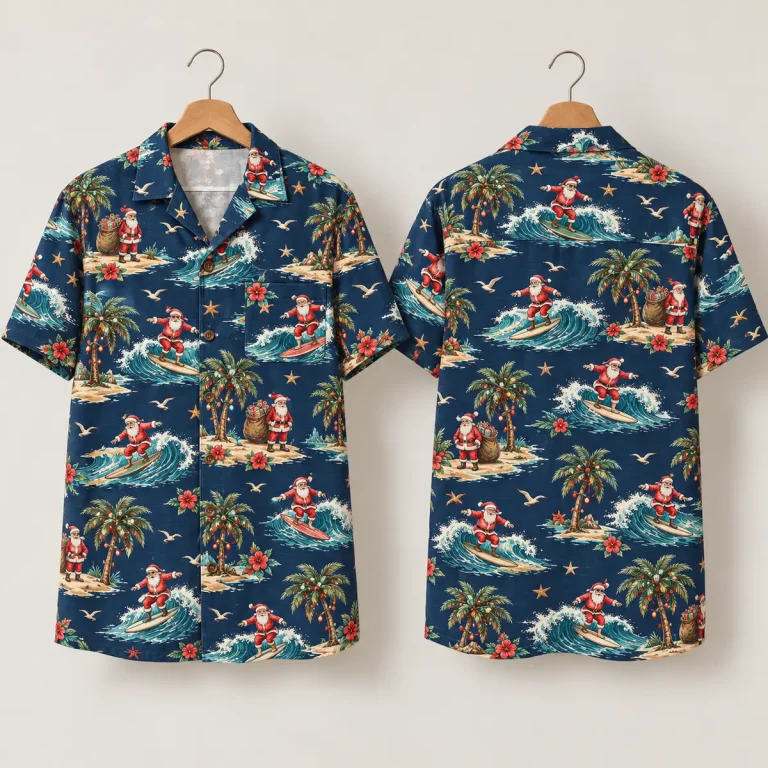 Beach Surfing Santa Hawaiian Shirt – Navy Hibiscus