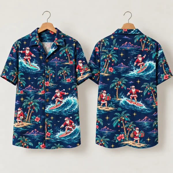 Beach Surfing Santa Hawaiian Shirt – Navy Holiday Scenes