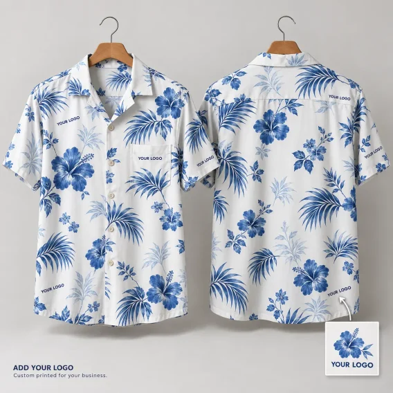Blue Hibiscus Palm Logo Hawaiian Shirt | Custom Logo Aloha