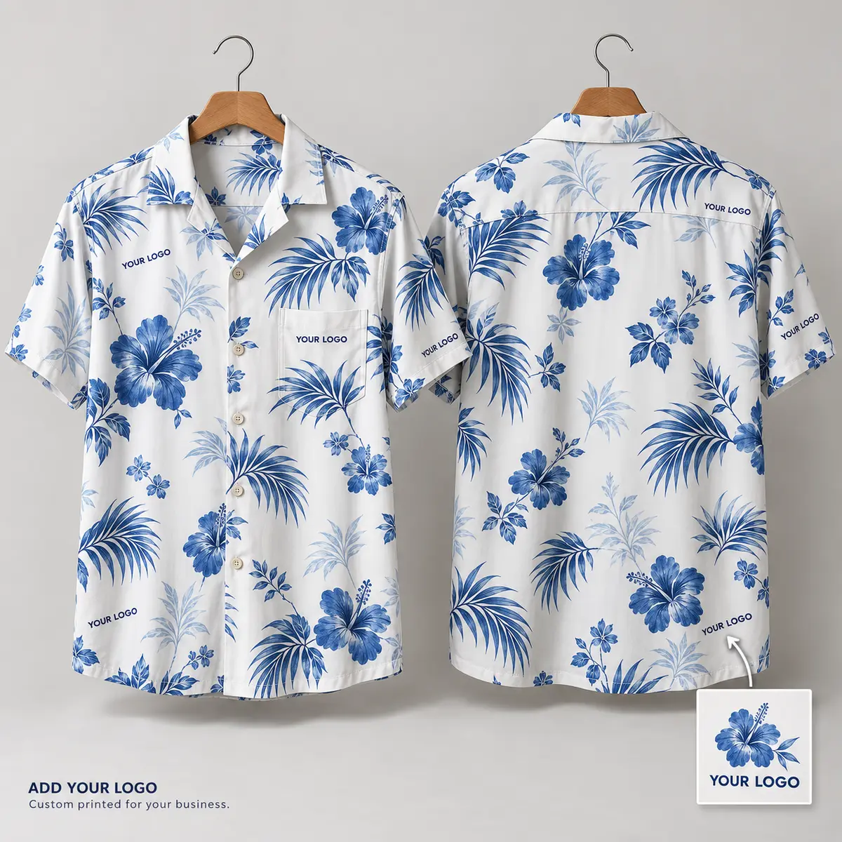 Blue Hibiscus Palm Logo Hawaiian Shirt | Custom Logo Aloha