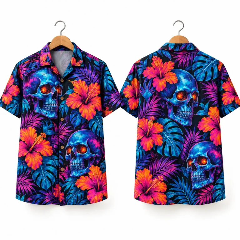 Blue Skull Halloween Hawaiian Shirt with Neon Florals