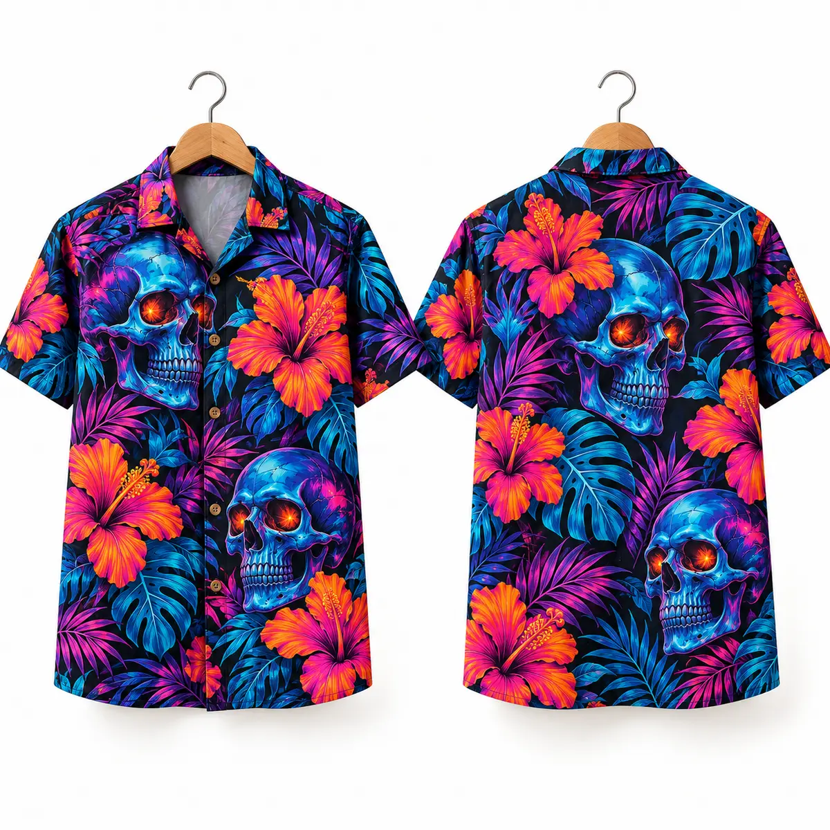Blue Skull Halloween Hawaiian Shirt with Neon Florals