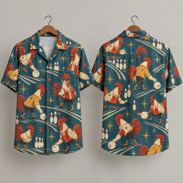 Bowling Rooster Hawaiian Shirt with Teal Starbursts