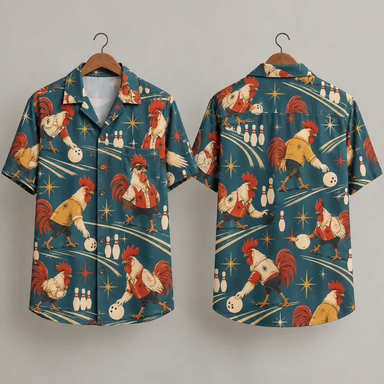 Bowling Rooster Hawaiian Shirt with Teal Starbursts