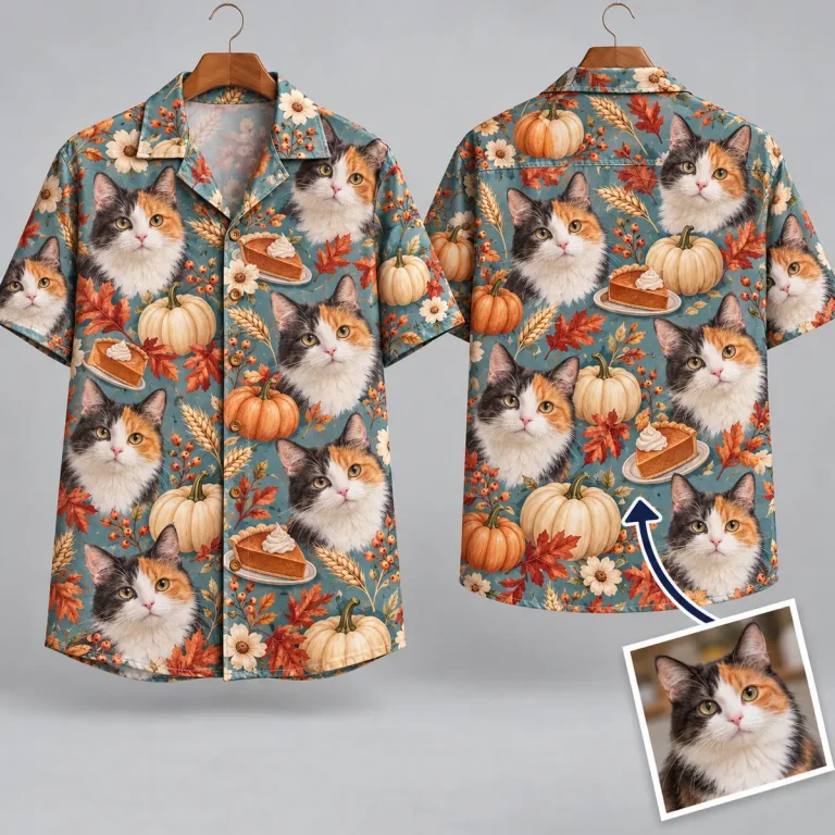 Calico Cat Thanksgiving Aloha Shirt with Pumpkins and Pie